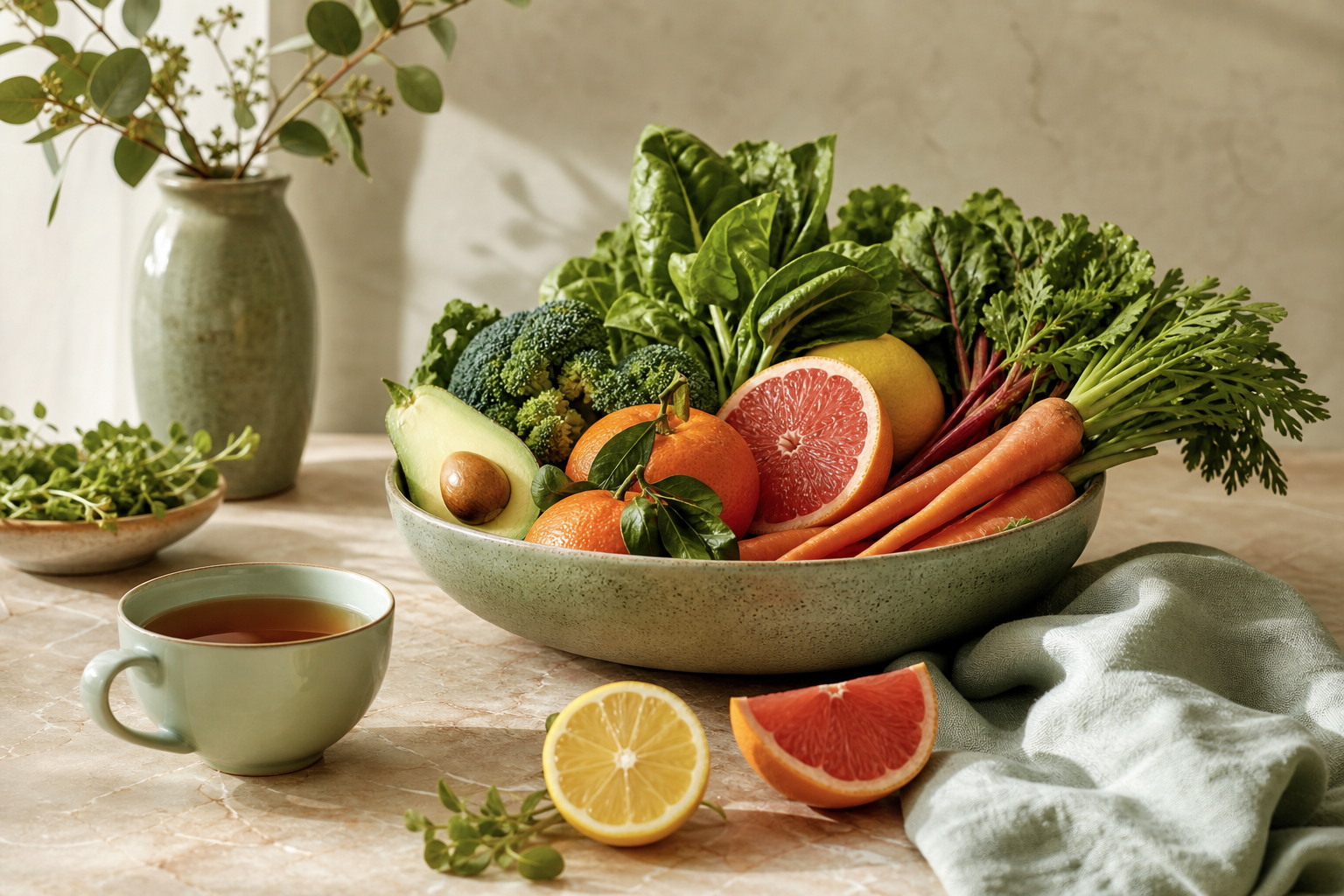 Colorful produce and herbal tea arranged on a warm stone table