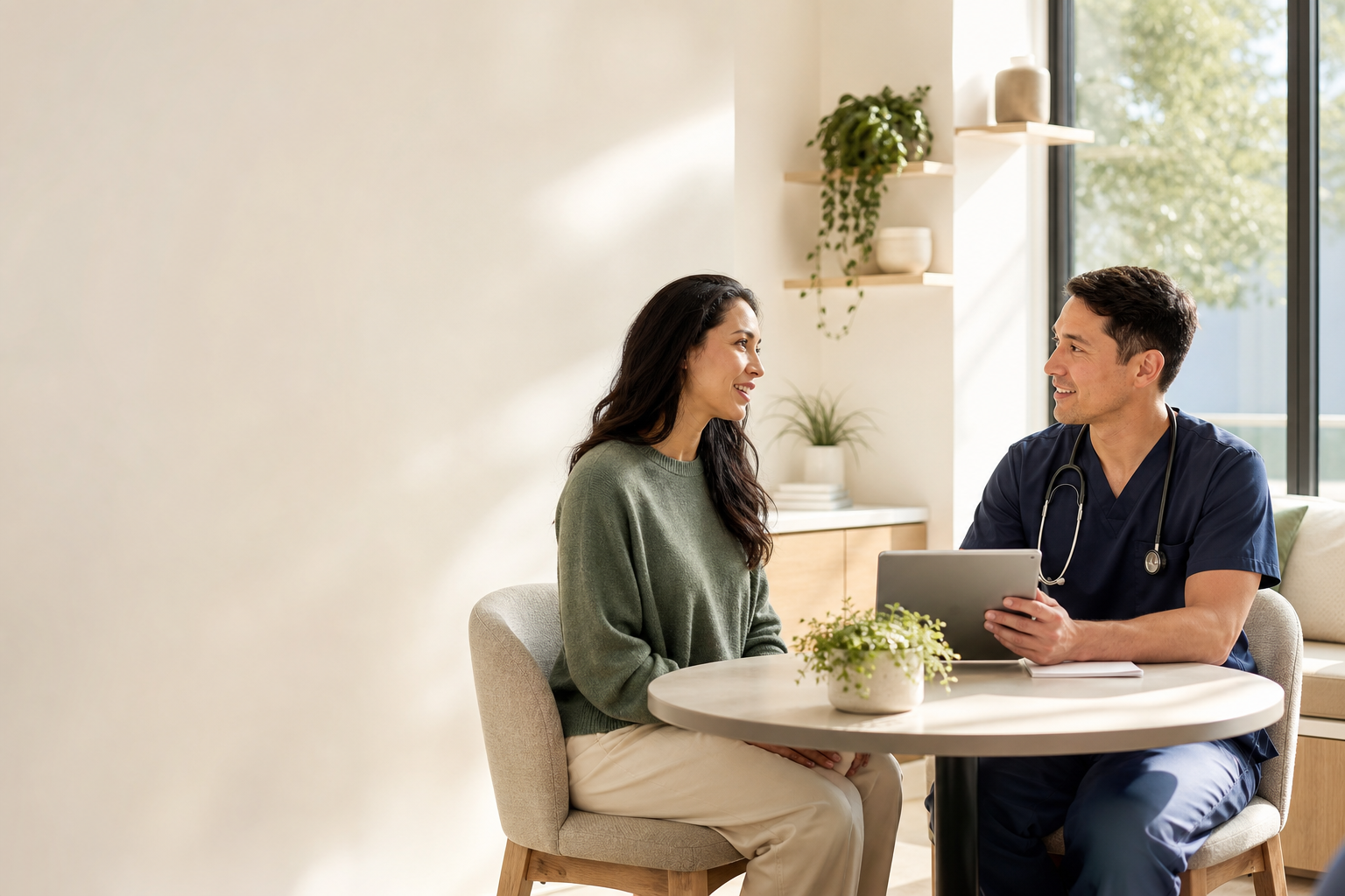 A patient and clinician talking in a bright wellness consultation room