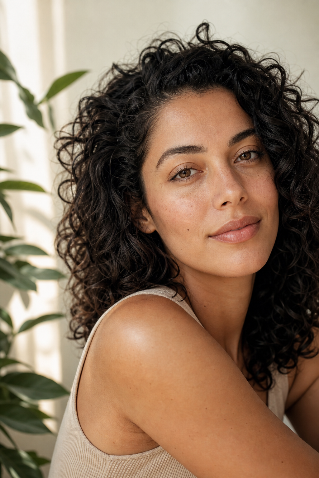 Woman with natural skin and hair in soft daylight